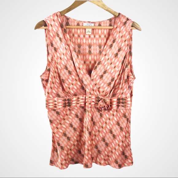Ann Taylor LOFT Silk Top Size 16 Pink Brown Geometric Sleeveless Blouse - Picture 1 of 9